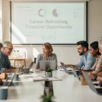 Adult learners in a modern classroom setting utilising federal grants for retraining programmes in the US.