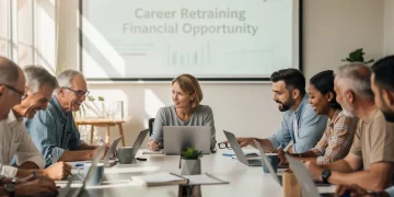 Adult learners in a modern classroom setting utilising federal grants for retraining programmes in the US.