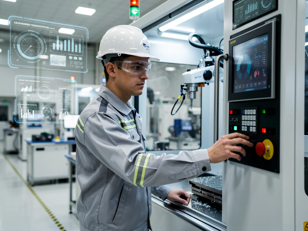 Worker operating advanced manufacturing equipment, showcasing precision skills in a modern factory.