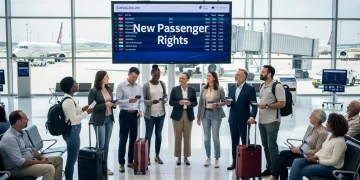 Passengers at airport terminal with new air passenger rights information