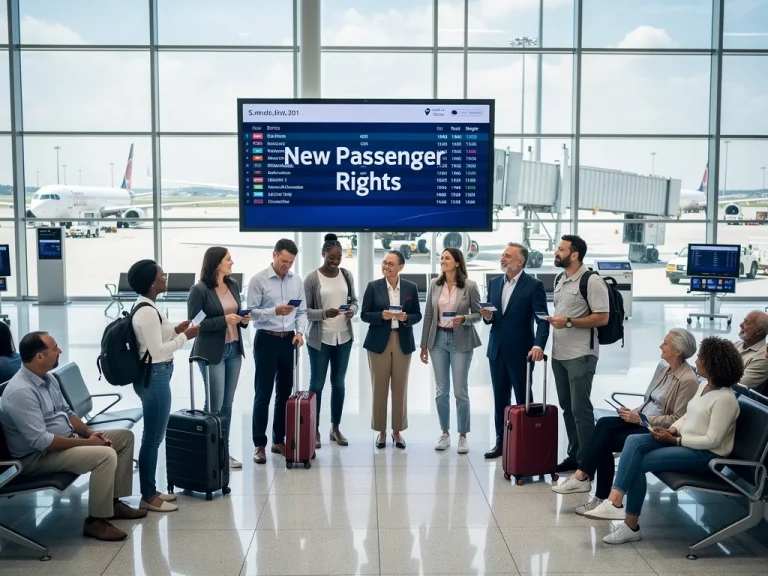 Passengers at airport terminal with new air passenger rights information