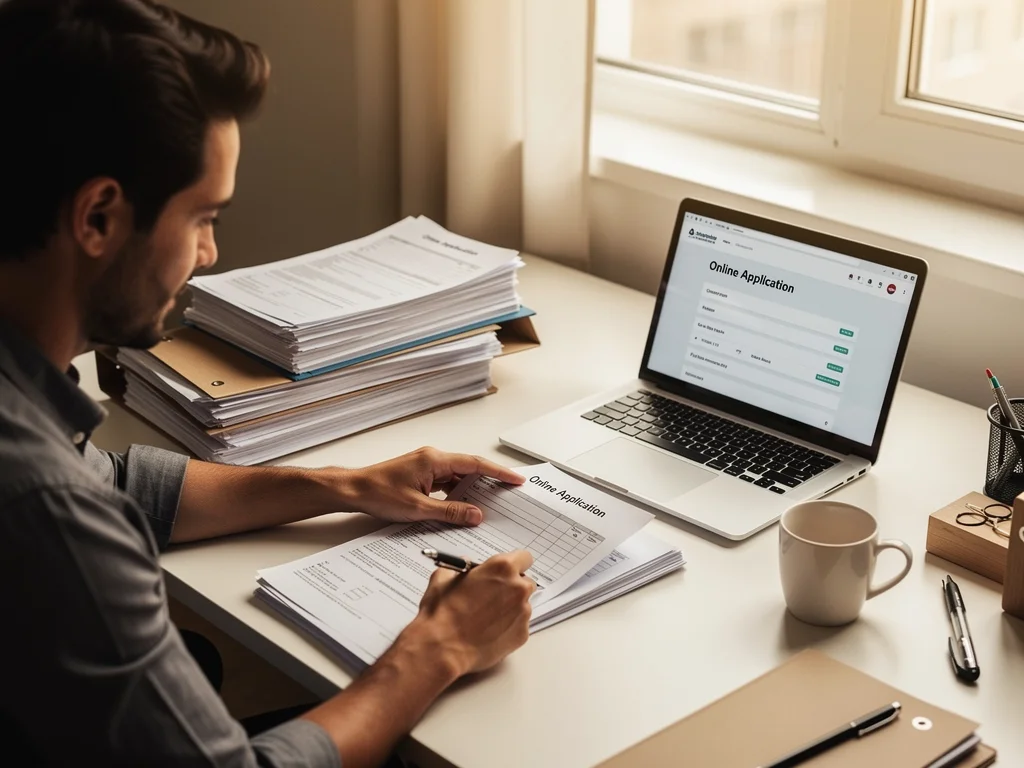Person meticulously filling out housing assistance application forms online.