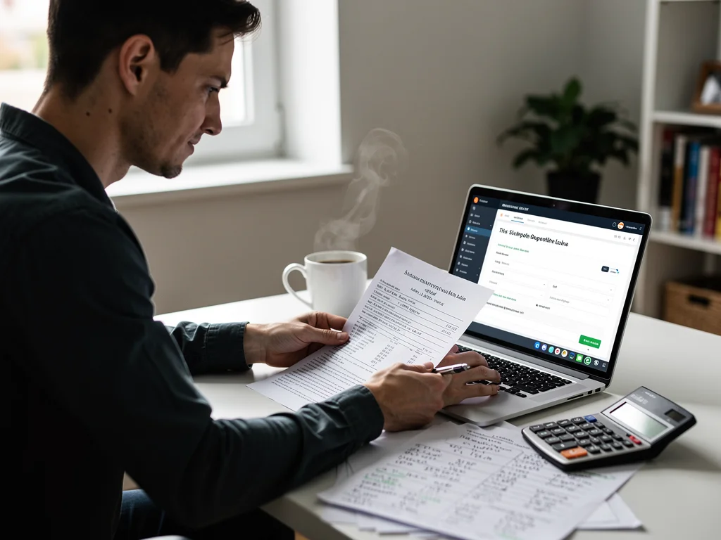 Individual reviewing documents and applying for student loan relief on a laptop.
