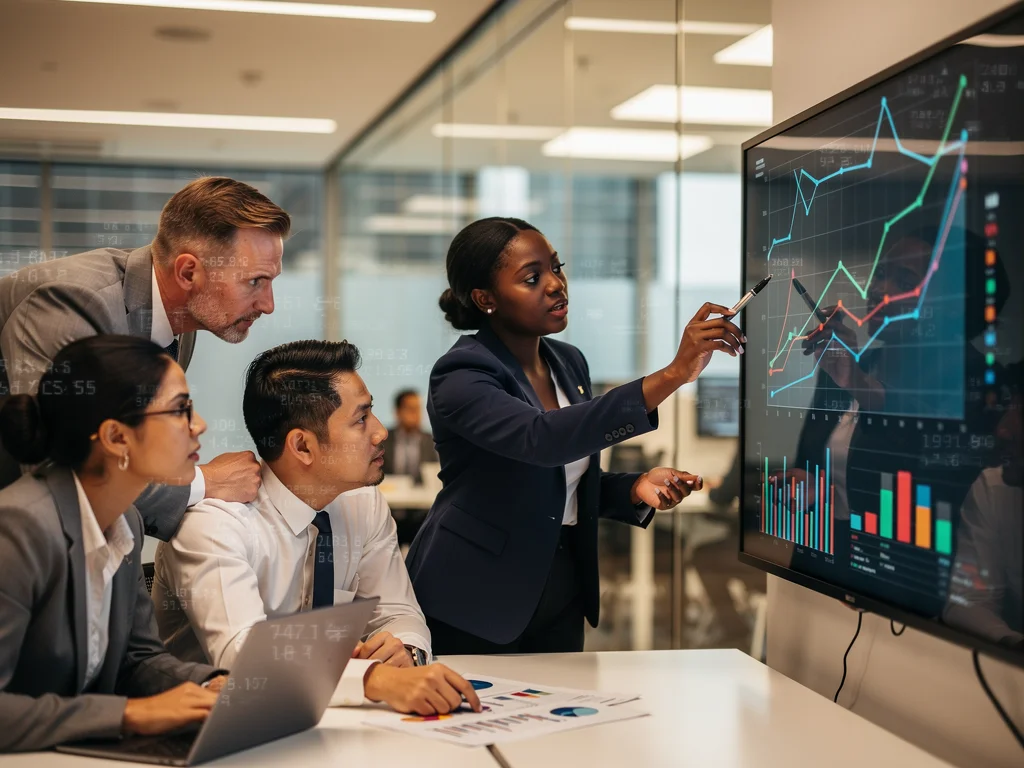Business professionals analysing financial projections and economic forecasts for 2026.