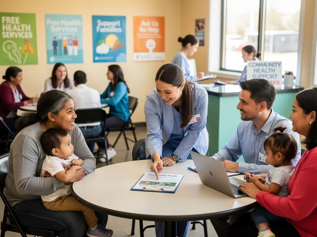 Community health workers assisting low-income families with healthcare applications