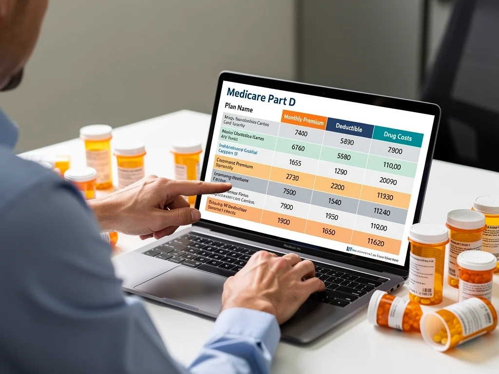 Individual comparing Medicare Part D plan options on a laptop to find the best prescription drug coverage.