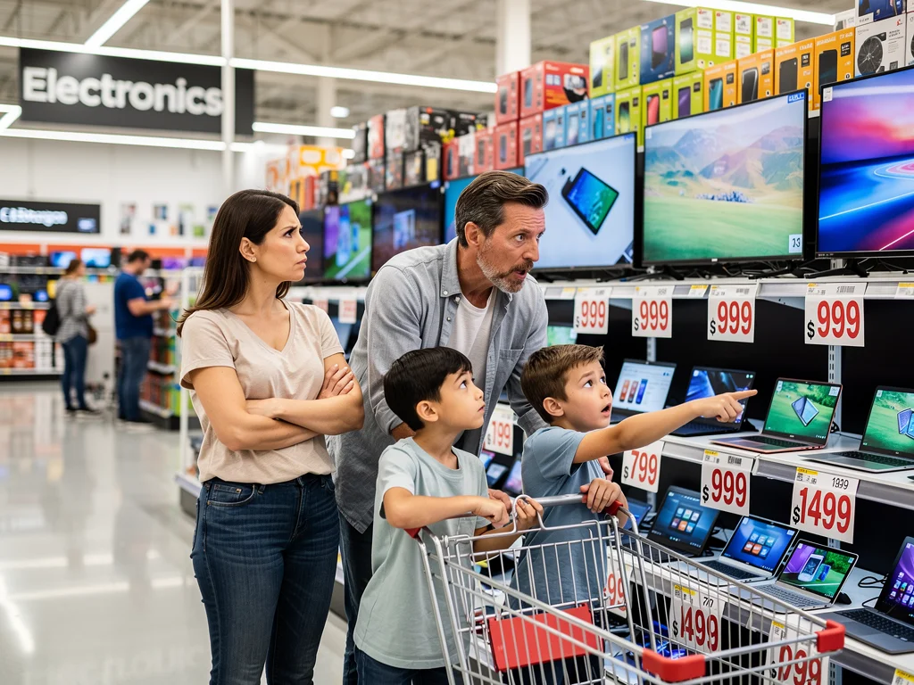 Consumers reacting to increased electronics prices in a retail store.