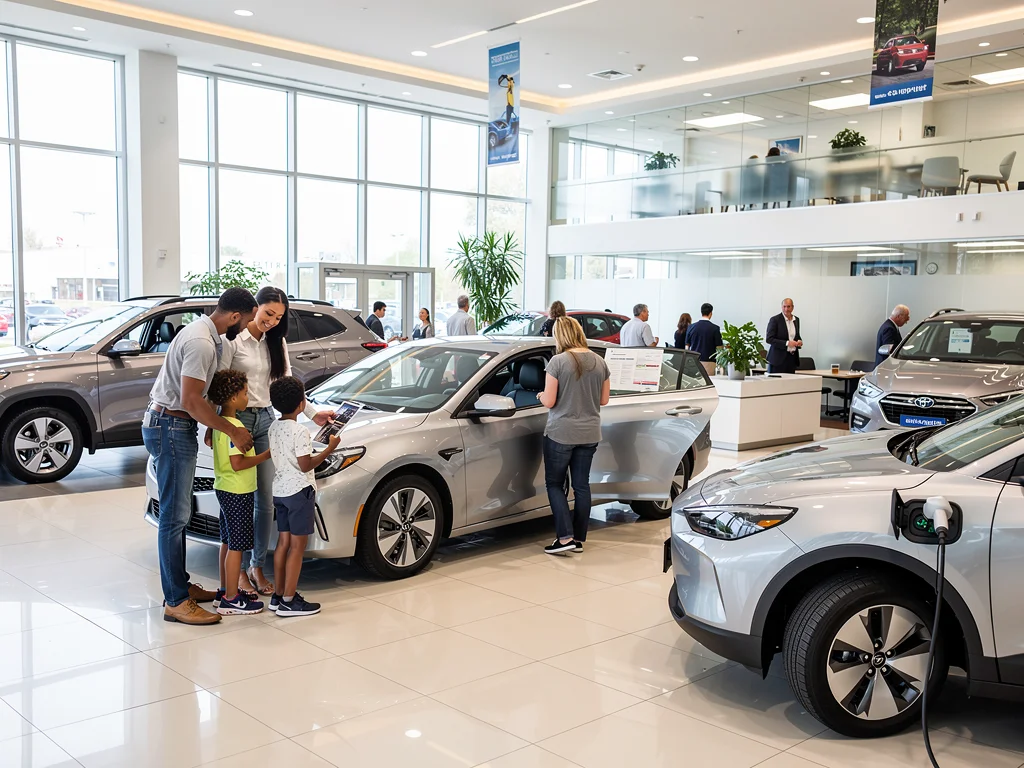 Consumers evaluating hybrid and electric cars at a dealership