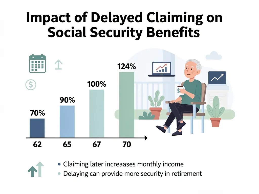 Infographic showing increased Social Security benefits from delayed claiming, with a timeline.