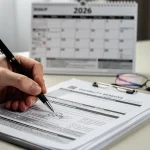 Detailed view of disability benefit application forms with a pen and a 2026 calendar.