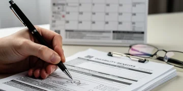 Detailed view of disability benefit application forms with a pen and a 2026 calendar.