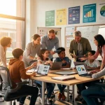 Diverse students and educators collaborating in modern classroom