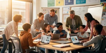 Diverse students and educators collaborating in modern classroom