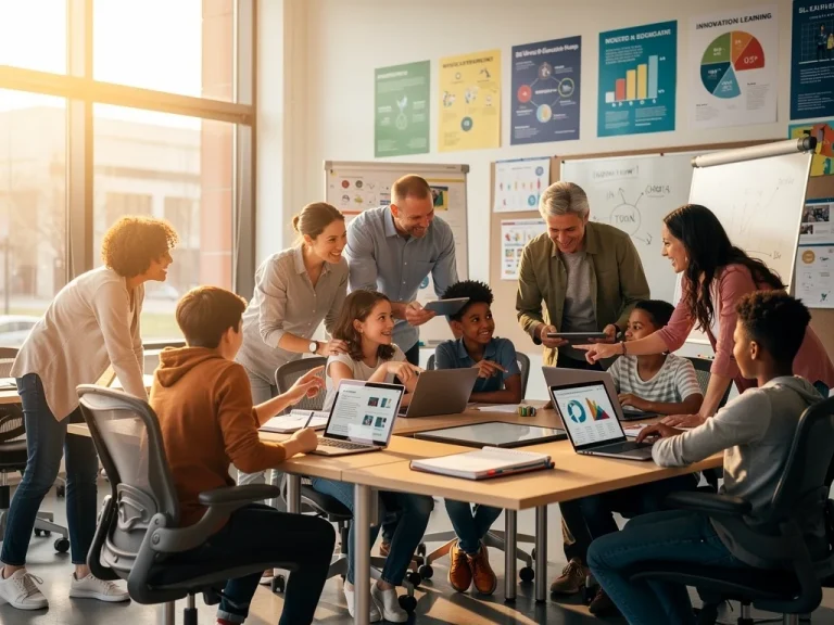 Diverse students and educators collaborating in modern classroom