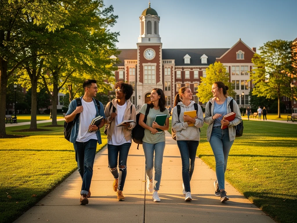 Diverse students walking on university campus after securing financial aid