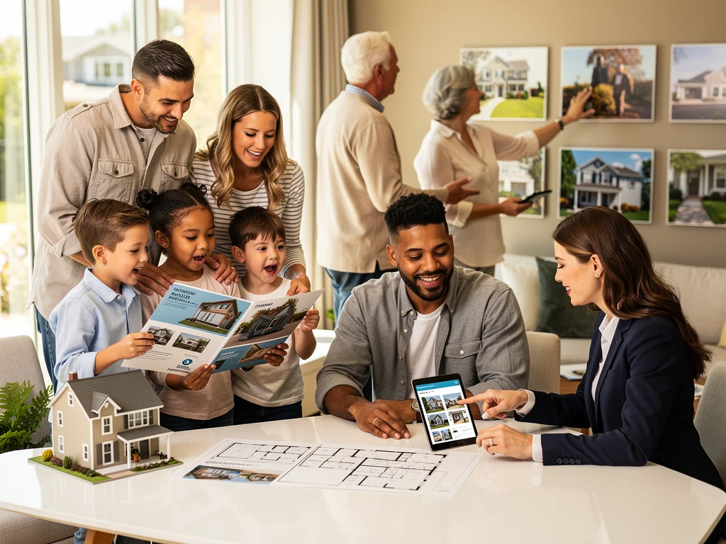 Diverse homebuyers interacting with real estate agent, reflecting varied demographics in US housing.
