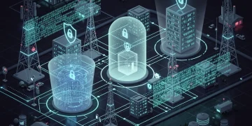 Digital shield protecting critical infrastructure, symbolising the US Department of Defence's cybersecurity initiative.