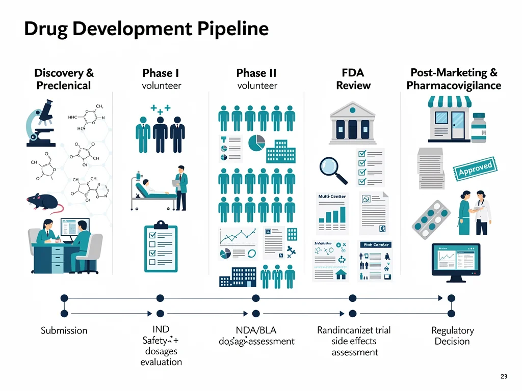 Illustration of the pharmaceutical drug development and approval process