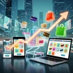 Illustration of e-commerce growth with shopping carts and digital devices.