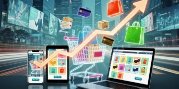Illustration of e-commerce growth with shopping carts and digital devices.