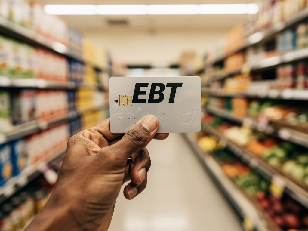 Hand holding an EBT card in a supermarket, illustrating benefit usage.