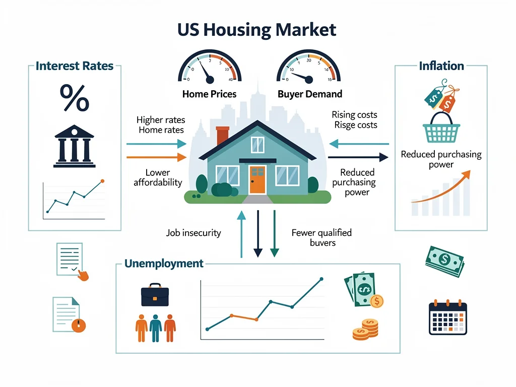 Infographic showing economic factors impacting US housing market, including interest rates and inflation.