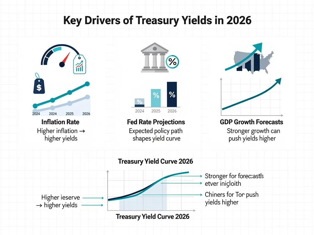 Infographic showing economic factors impacting 2026 Treasury bond yields.