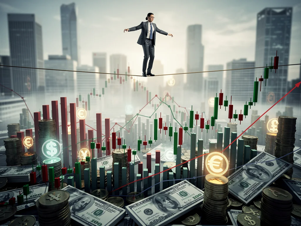 Individual balancing on a tightrope, symbolising careful navigation of economic volatility and interest rate changes.