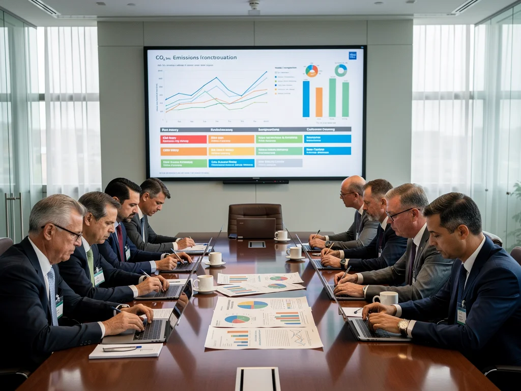 Policy makers discussing environmental regulations and emissions data
