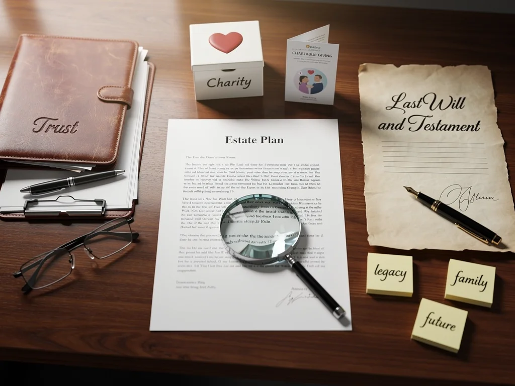 Estate planning tools including trusts and wills on a table, symbolising strategic wealth management.