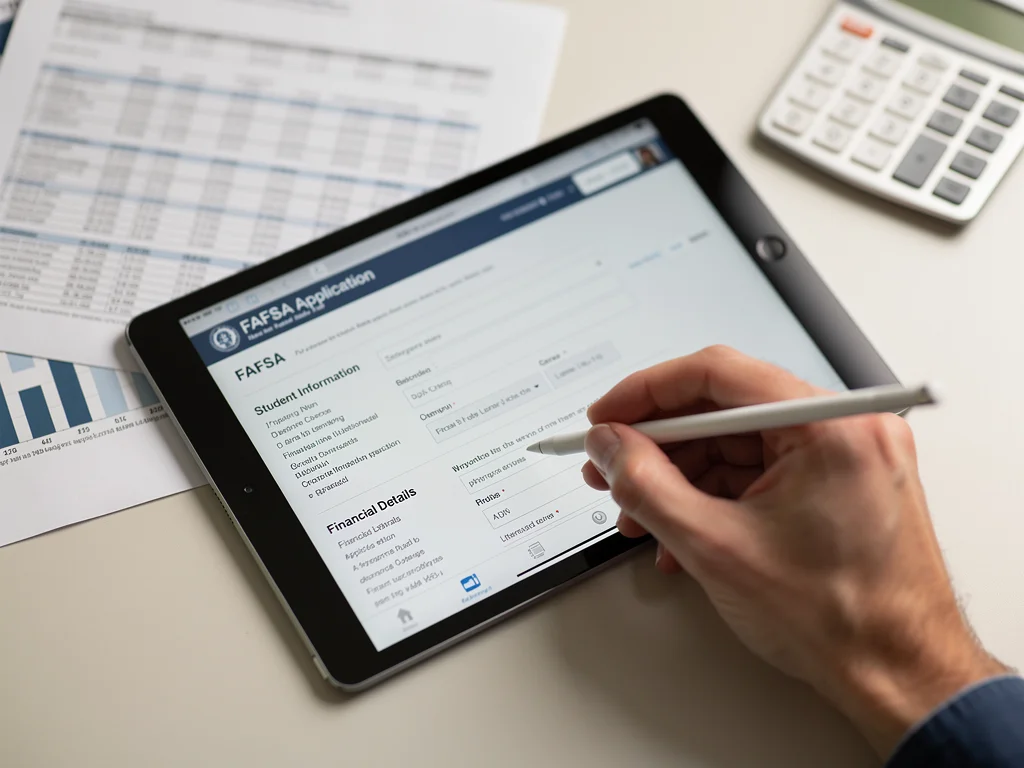 Hand completing a FAFSA form on a tablet, representing federal student aid application.