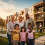 Family smiling in front of affordable housing complex, symbolising hope and stability.