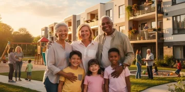 Family smiling in front of affordable housing complex, symbolising hope and stability.