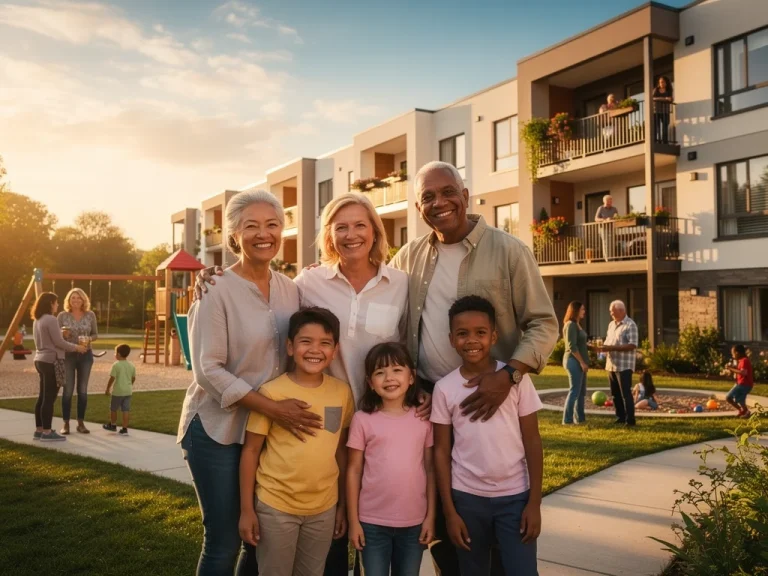 Family smiling in front of affordable housing complex, symbolising hope and stability.