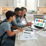 Family reviewing financial documents for college costs in 2026.