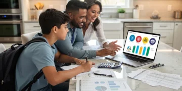 Family reviewing financial documents for college costs in 2026.