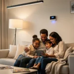 Family reviewing energy assistance benefits on a tablet in a cosy living room