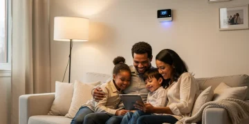 Family reviewing energy assistance benefits on a tablet in a cosy living room