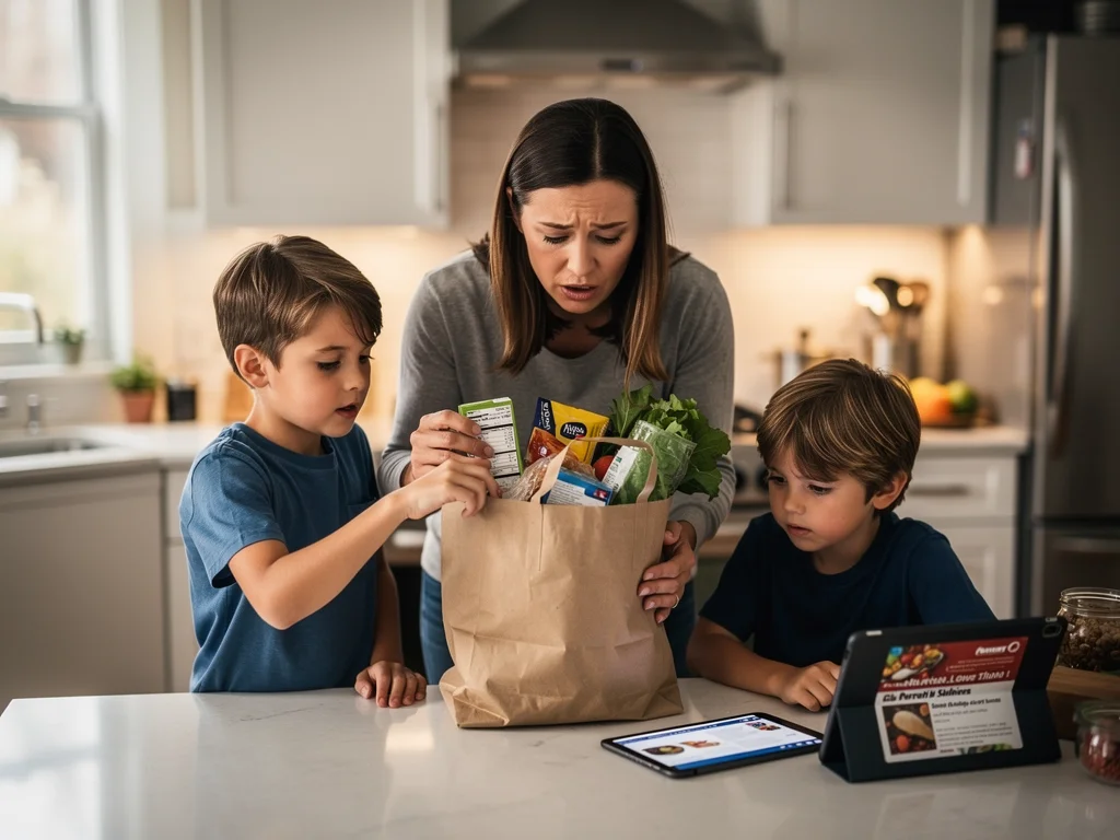 Family discussing food safety in kitchen after USDA produce warning.