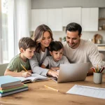 Family homeschooling in a bright living room, engaged in learning activities.