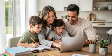 Family homeschooling in a bright living room, engaged in learning activities.