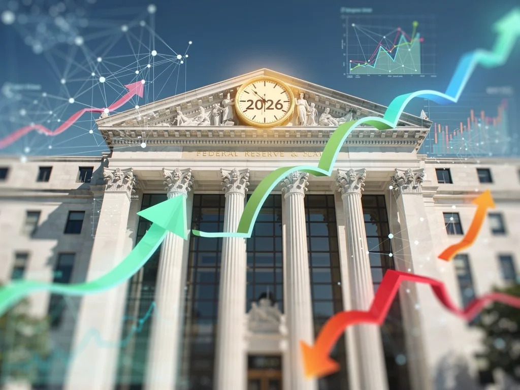 Federal Reserve building with economic trend indicators and the year 2026.