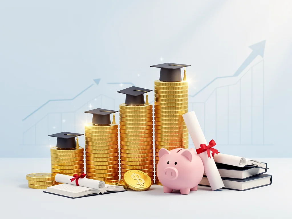 Stacked coins and academic symbols, illustrating financial planning for education grants.