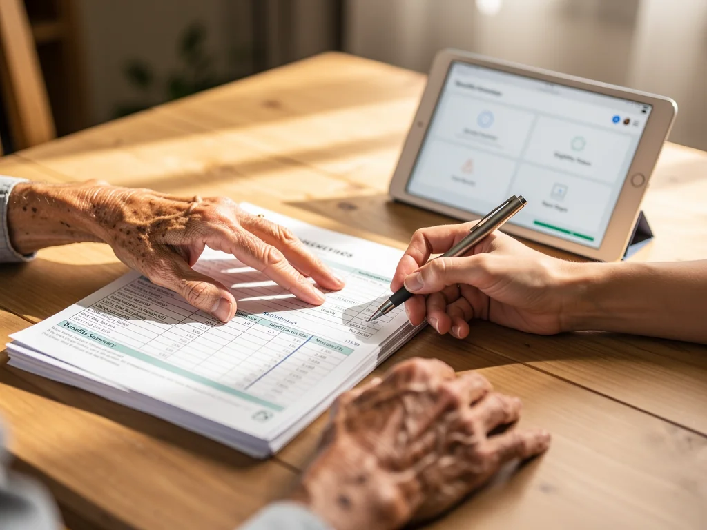Hands reviewing long-term care financial documents and benefit information.