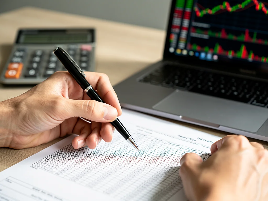 Financial advisor's hands reviewing capital gains tax documents with a calculator and stock market data.
