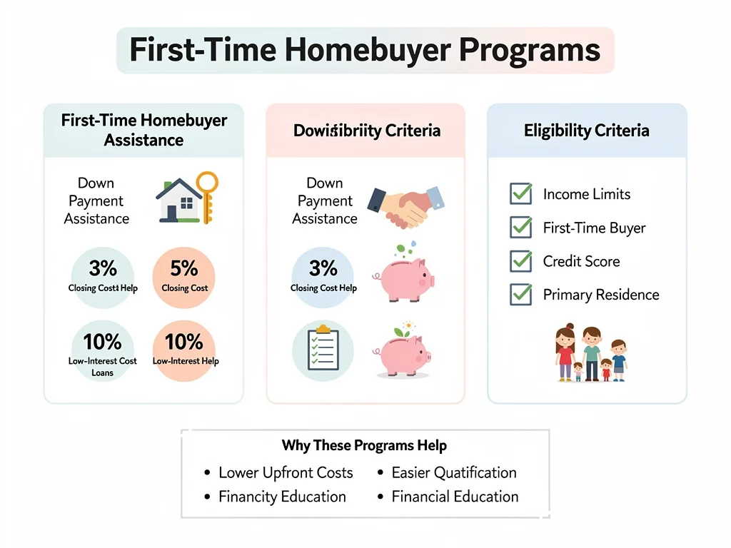 Infographic detailing first-time homebuyer assistance programmes and their benefits.