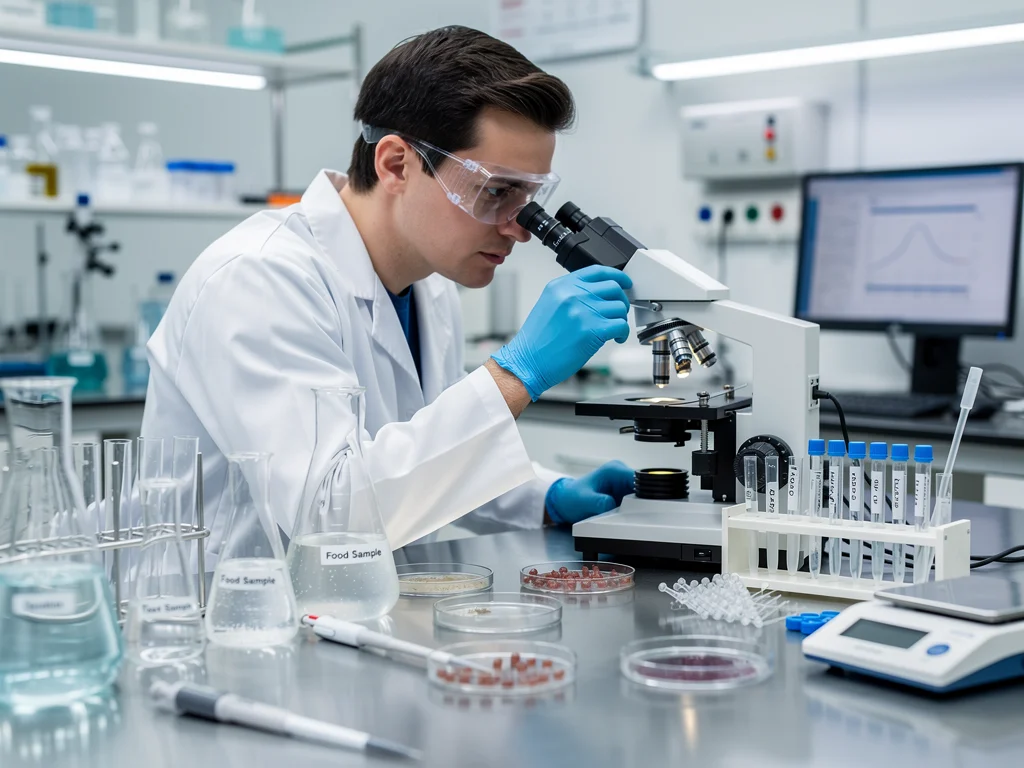 Scientist in laboratory analysing food samples for contamination.