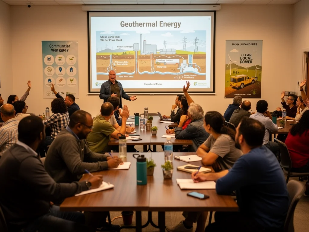 Community discussing geothermal power plant benefits, fostering local engagement.