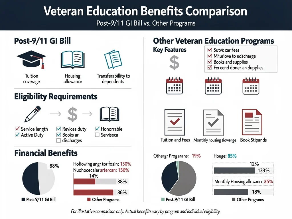 Infographic comparing Post-9/11 GI Bill and other veteran education programmes.