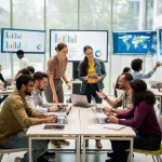 Diverse university students collaborating in a tech-rich classroom, representing global education standards.